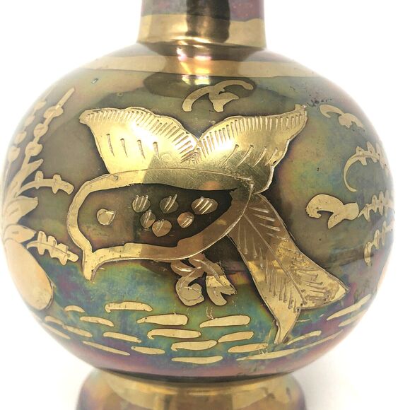 70s Brass Etched Bud Vase Two-Tone Floral Bird Water Lily Bulb Design Inlay Boho - Picture 4 of 10